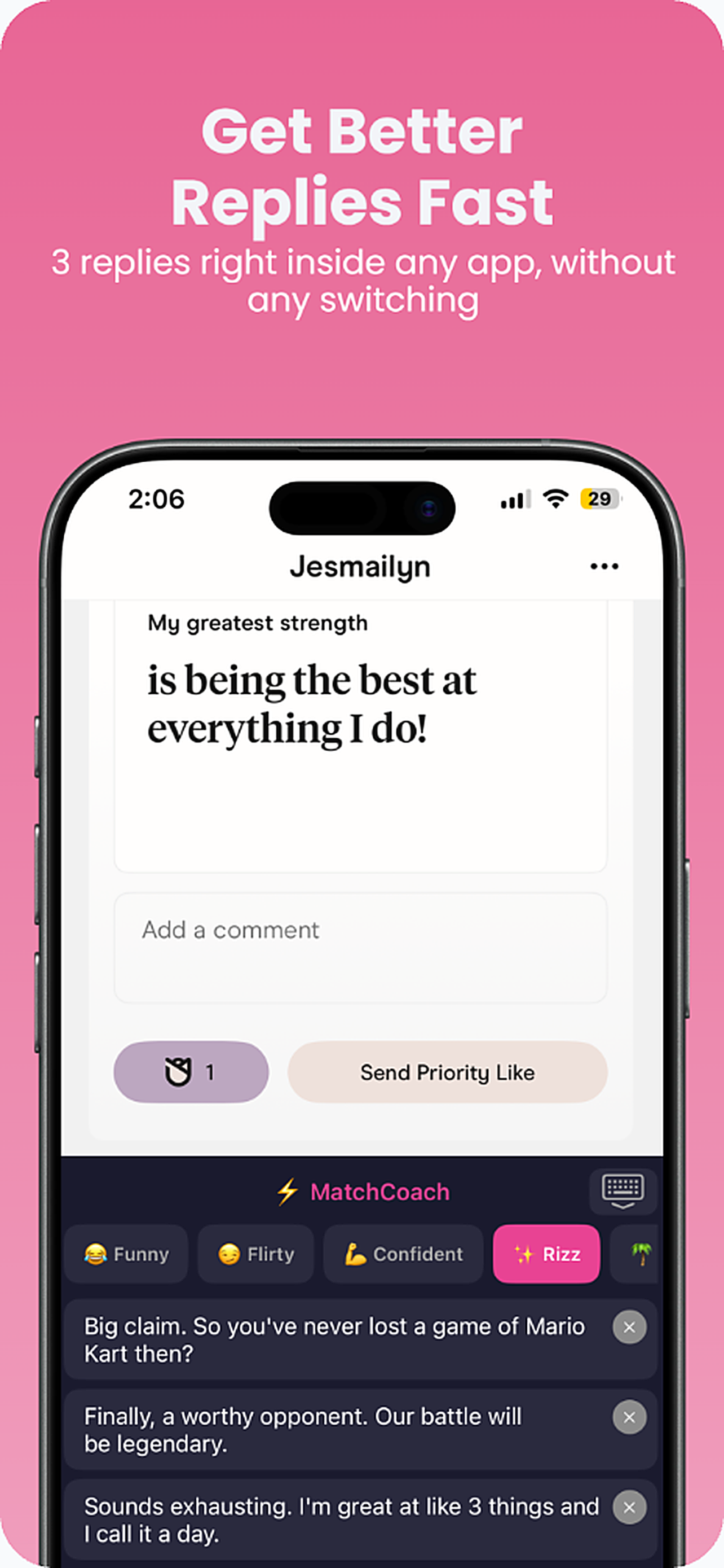 MatchCoach AI keyboard generating a dating reply inside a chat