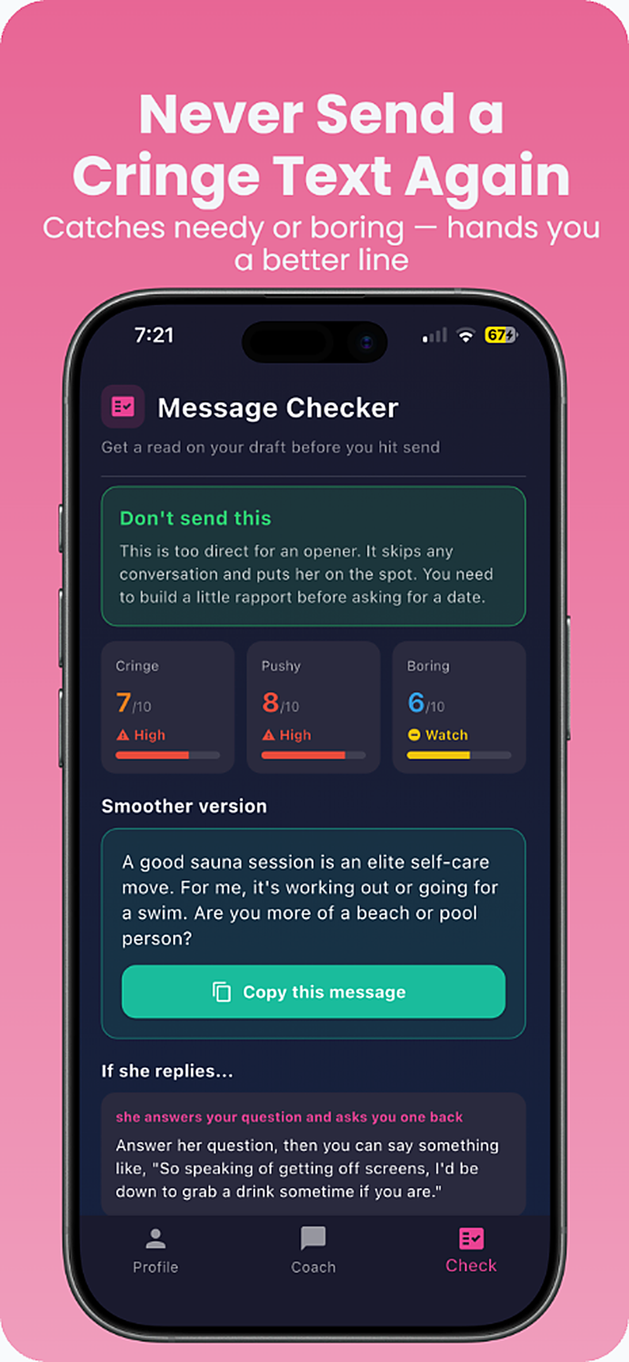 MatchCoach message checker catching a cringe text before you send