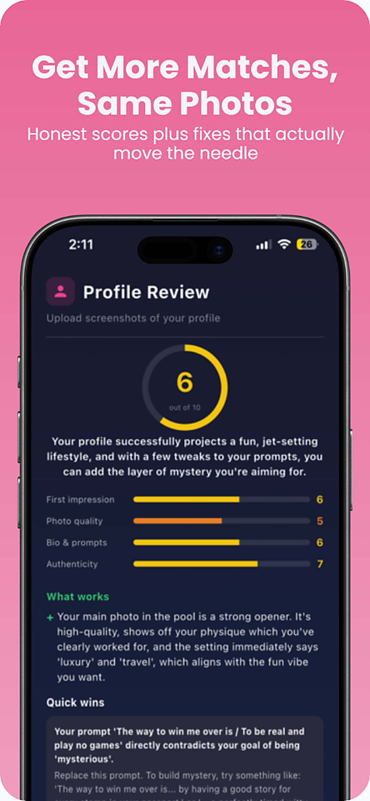 MatchCoach dating profile review with a score and fixes for more matches
